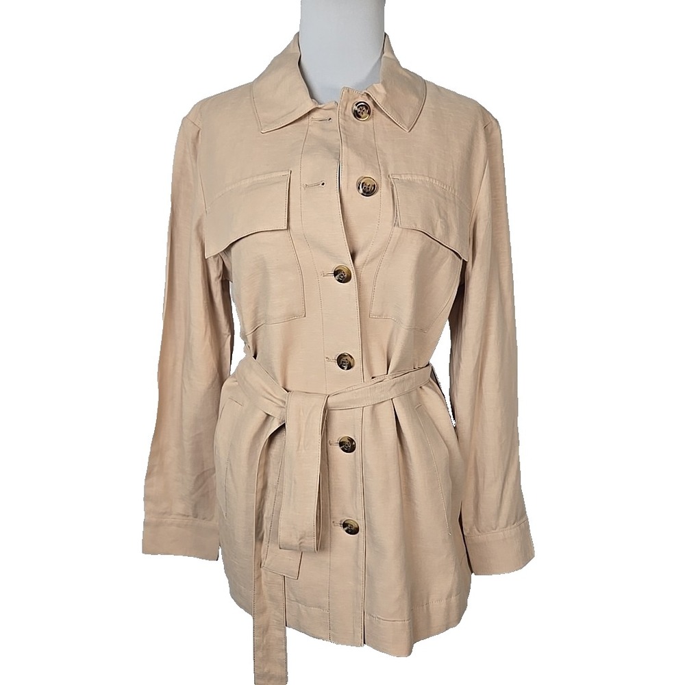 Ann Taylor Weekend Oatmeal Linen Blend Lightweight Belted Jacket Size Medium M